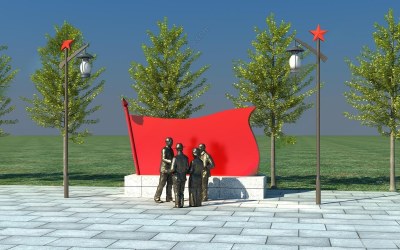 现代党建毛主席与百姓红旗雕塑3D模型下载